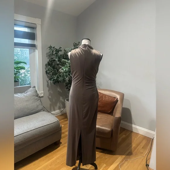 Zara Sleeveless Mock Neck Ruched Maxi Dress in Taupe Size:M - Picture 3 of 8